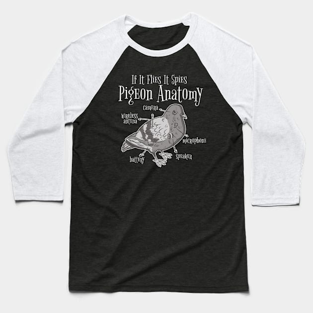 If It Flies It Spies Pigeon Anatomy Conspiracy Theory Baseball T-Shirt by Visual Vibes